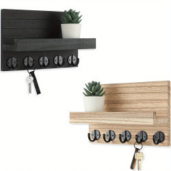Portallaves de madera para decoración de entrada, organizador de correo montado en la pared y colgador de llaves con 5 ganchos, estante rústico para llaves, gafas de sol