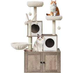 Árbol para gatos con plataforma acolchada, hamaca acogedora y postes rascadores | Mueble de Madera para Gatos con Arenero, Condominio y Percha Suave, Poste Rascador de Sisal, Plataformas Multinivel