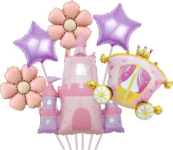 Set de 6 Globos de Mylar con Diseño de Castillo y Carruaje de Princesa con Margaritas, Ideal para Decoraciones de Baby Shower y Cumpleaños