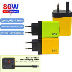 Cargador Superrápido USB Tipo C de 80W con Cable USB C Retráctil para Teléfonos iOS 15, 16, 17, Android, Laptops, Enchufes EU, US, UK