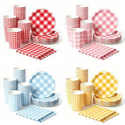 Juego de Vajilla Desechable de 60 Piezas con Diseño a Cuadros en Rosa, Azul, Rojo y Verde para Picnic, Fiesta de Cumpleaños, Baby Shower, Boda