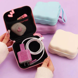 Cable de datos de viaje portátil, bolsa de almacenamiento pequeña, bolsas ligeras con cremallera de PU, Protector de cargador multifuncional, monedero