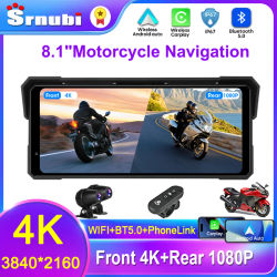 Srnubi 5/8,1 pulgadas navegación frontal para motocicleta 4K + trasera 1080P DVR IPX7 impermeable portátil Carplay/Android Auto Bluetooth Monitor