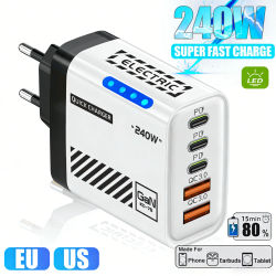 Cargador USB C 5 en 1 GaN de 240W con Carga Rápida PD 3.0, Enchufe EU/US/UK, Carga Rápida para iPhone 17, 16, 15, Samsung, Xiaomi, Huawei
