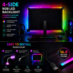 WACUAAO 360 ° Retroiluminación para Monitor de PC de 4 Lados - Tira LED RGBIC con Sincronización de Pantalla y Ritmo Musical - Luces de Juego Reactivas sin Retraso