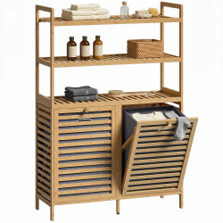 HOMCOM Mueble Ropa Sucia de Bambú con 2 Cestos para Ropa Sucia Inclinables 38,7 L y 3 Estantes 80x30x118 cm Roble