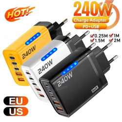 Cargador USB C GaN de 240W, 5 en 1, adaptador de corriente de carga rápida para iPhone, Samsung, Xiaomi, tipo C, enchufe europeo/estadounidense, cargador de pared