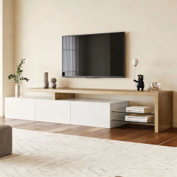 Mueble para TV con Luces LED, Mueble Bajo para TV, Aparador para Sala de Estar, 2 Divisiones de Vidrio, 3 Cajones, Blanco/Negro con Acabado Brillante