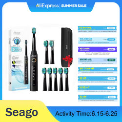Seago-cepillo de dientes eléctrico sónico, SG-507 para adultos, temporizador, 5 modos, Micro USB, recargable, cabezales de repuesto