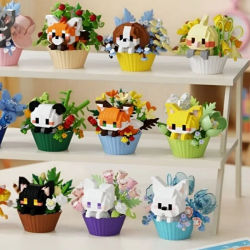 Mini bloques de construcción de dibujos animados para niñas, niños, gatos, perros, animales, ladrillos, plantas en macetas, rompecabezas, decoración de ensamblaje, regalo de vacaciones