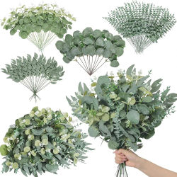 20 piezas tallos de hojas de eucalipto, ramo de plantas artificiales, flores falsas para decoración del hogar, arreglo Floral DIY, decoración de boda