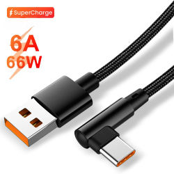 Cable de datos de carga súper rápida con codo de 90 grados de 66W, Cable cargador USB tipo C, Cable de carga de carga rápida USB a Cable de carga tipo C
