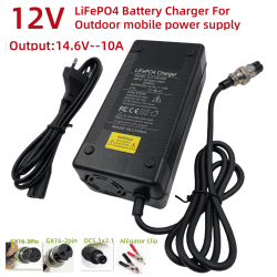 Cargador 14.6V10A para batería LiFePO4 de 12V, fuente de alimentación para exteriores, lámpara de pesca, lámpara de xenón, batería de carga rápida con pinza de cocodrilo