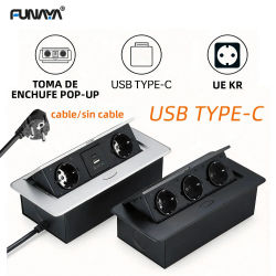 Enchufe Retráctil FUNAYA, Enchufes Integrados para Muebles y Encimeras, Estándar Europeo y Coreano, con Cable de Extensión USB Tipo-C, Tomas de Corriente para Escritorio