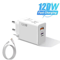 Cargador rápido USB de 120W con Cable tipo C, adaptador de pared de carga rápida para teléfonos iPhone 16, Samsung, Xiaomi, Huawei, PD
