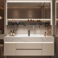 Mueble de Baño Integrado con Lavabo de Pizarra, Organizador de Lavabo, Armario, Tocador, Estantes y Gabinetes