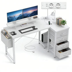 Escritorio en forma de L Claiks con estante para monitor para oficina, escritorio en forma de L con enchufe y cajones de tela