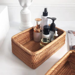 Cesta de mimbre tejida a mano, cesta de fruta, té, aperitivos, pan, caja de almacenamiento Rectangular para cosméticos, suministros de cocina para el hogar