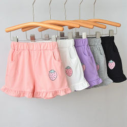 Pantalones cortos para niños, pantalones cortos de encaje con estampado de fresas para bebés, ropa de verano para niñas de 2 a 7 años