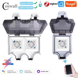 Coswall IP66 enchufe europeo impermeable Tuya WIFI/Zigbee con PD 20W tipo C y cargador rápido USB Dual con función de monitoreo de energía
