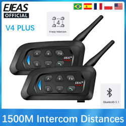 EJEAS-Intercomunicador V4 PLUS para casco, auriculares con Bluetooth, 2 a 4 conductores, 1500M, micrófono
