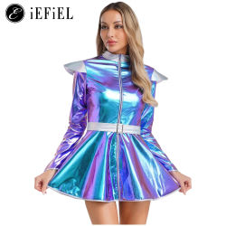 Disfraz de astronauta alienígena para mujer, disfraz de Robot alienígena metálico de manga larga con cremallera, vestido de baile de línea A para fiesta de Club temático
