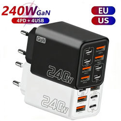 Cargador de escritorio USB 8 en 1 GaN de 240W con carga rápida PD, 4 puertos PD y 4 puertos USB para iPhone 16, 15 Pro, Samsung, Xiaomi, adaptador de corriente con enchufe EU/US.