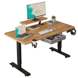 Escritorios eléctricos Radlove de altura ajustable, mesas para oficina en casa, asiento y soporte para el hogar con soporte para monitor y cajón, color marrón retro