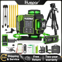Nivel Láser Huepar W04CG de 16 Líneas, 4D, con Bluetooth, Herramienta de Nivelación Láser con Base Giratoria Eléctrica, Kit con Control Remoto Bluetooth
