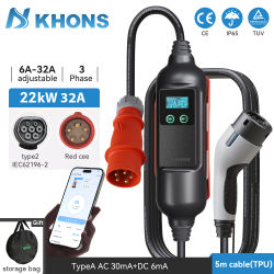 Khons EV Cargador portátil Type2 22kw EV Cargador 32A 5m TPU Cable Evse Carga Wallbox Control de aplicaciones móviles IP65