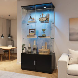 Vitrina de Vidrio Negro Superaly con 3 Niveles e Iluminación LED, Base de Madera, Vitrina Transparente para Vinos, para Sala de Estar, Muebles de Bar