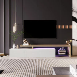Comanlai Mueble de TV Moderno Minimalista, Consola Multimedia Extensible Blanca y Roble con Luces LED, Armarios y Estantes de Vidrio, 200x42x39cm