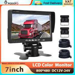 Monitor de Coche Podofo de 7'' 12V/24V con Pantalla de Aviación Cableada y Líneas de Guía, Monitor de Marcha Atrás con Cámara de Visión Trasera para Coche, Camión, Autobús, Furgoneta