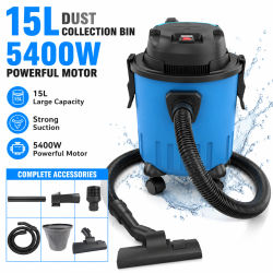 Aspiradora de taller de alta resistencia para uso en húmedo/seco de 15L, aspiradora de canister con cable y potencia máxima de succión de 5400W, depósito de polvo desmontable, filtro HEPA, 360 °