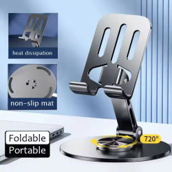 Soporte para teléfono 360 ° Soporte Giratorio para Teléfono Móvil, Totalmente Metálico, de Aluminio, Universal, Plegable, Diseño de Doble Eje, Estable, Anticaídas