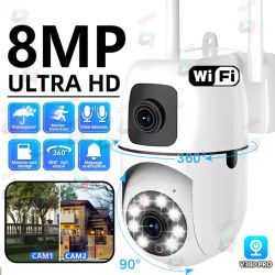 Cámara de seguridad Wifi HD de 8MP, inalámbrica, impermeable para exteriores, doble lente, pantalla Dual, seguimiento humano AI, Monitor de bebé con visión nocturna a Color