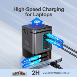 Estación de carga 6 en 1 con cable USB-C retráctil Torre combinada de alimentación 105W para múltiples dispositivos Cargador rápido para iPhone Airpod