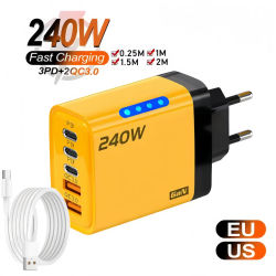Cargador rápido GaN 5 en 1 con luz LED, 240W, 2 USB + 3 puertos tipo C, cargador de teléfono multipuerto para iPhone, Samsung, Xiaomi, cargador de pared con enchufe PD