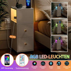 Mesa auxiliar moderna con 2 cajones, mesita de noche de madera con estación de carga de luz, tira de luz Bluetooth para dormitorio, enchufe europeo