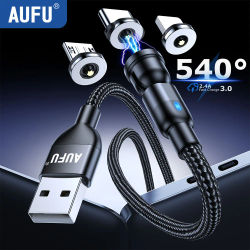Cable Magnético AUFU de 3 Metros, Cargador Magnético Giratorio de 540 Grados, Cable Micro USB Tipo C para Teléfono Móvil, Cable para iPhone, Samsung, Xiaomi, Redmi