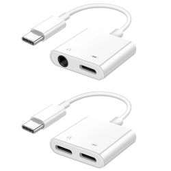 2-in-1 Audio Adapter USB-C to 3.5mm Headphone Jack Type-C Headphone/Dual Type-C Charging Aux Cable for Mobile Phones