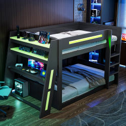 Cama litera moderna de madera para juegos, 140x200cm, cama alta multifuncional con escritorio, puerto USB y luz LED, muebles para adolescentes