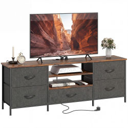 Mueble para TV HOMCOM de 140 cm, soporte para televisores de hasta 65 pulgadas, estación de carga, 5 cajones de tela, estantes abiertos y estructura de acero, mueble para TV para la sala de estar o
