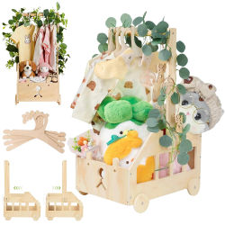 Caja de almacenamiento versátil de madera para bebés – Estante colgante + organizador de juguetes – Acabado de madera liso – 4 perchas de madera y 2 colgantes de ángel – Regalo perfecto para baby
