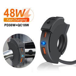 Cargador rápido USB para motocicleta PD QC3.0 de 48W, manillar de motocicleta, conector de enchufe de puerto tipo C resistente al agua con interruptor/luz LED