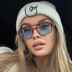 Gafas De Sol cuadradas Vintage pequeñas para mujer, gafas De Sol con espejo De diseñador De marca, gafas De Sol Retro a la moda con montura De leopardo azul