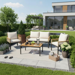 Conjunto de Muebles de Jardín, con Cómoda Almohada, Sofá Doble, 2 Sillas y Mesa, para Exteriores, de Ratán