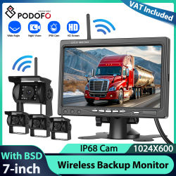 Podofo - Monitor de Reversa de 7 Pulgadas con Cámara Inalámbrica Impermeable HD Digital, Visión Nocturna IR, Cámara de Visión Trasera para Automóvil