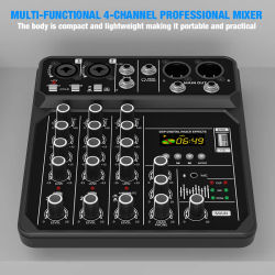 Consola de Mezclas de 4 Canales, Mezclador de Audio Bluetooth, 48V, Profesional, USB, para Computadora, Karaoke