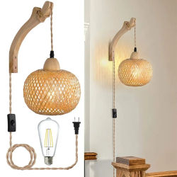 Lámpara de Pared de Bambú, Mimbre Natural, E27, Araña de Mimbre Tejida a Mano, Decoración de Habitación, Pantallas de Bambú, Lámparas de Pared